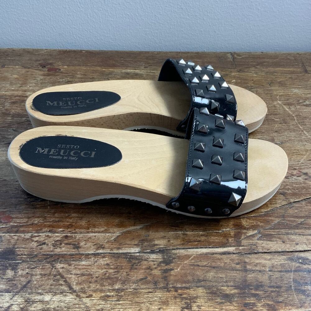 Sesto Meucci Sandals Black‎ Stephy Studded Patent Clog Wood Bottom Women sz 37